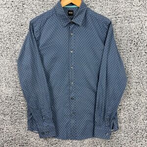 BOSS Hugo Boss Shirt Mens Large Blue Geometric Button Up Long Sleeve Casual